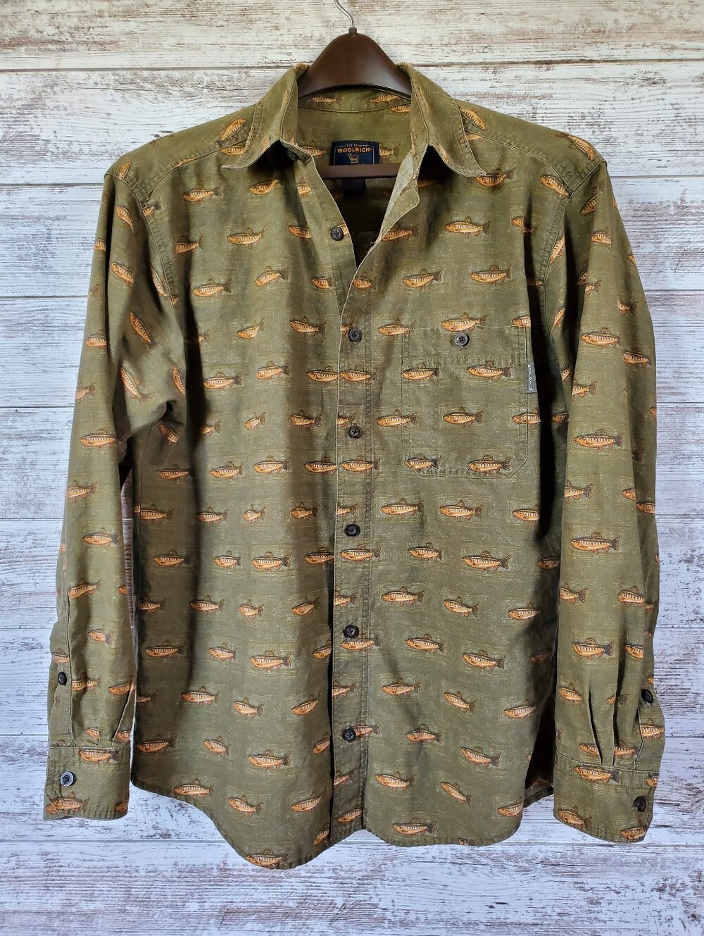 Woolrich VTG Trout Fly Fishing Shirt Mens L Olive Green Cotton Button Down
